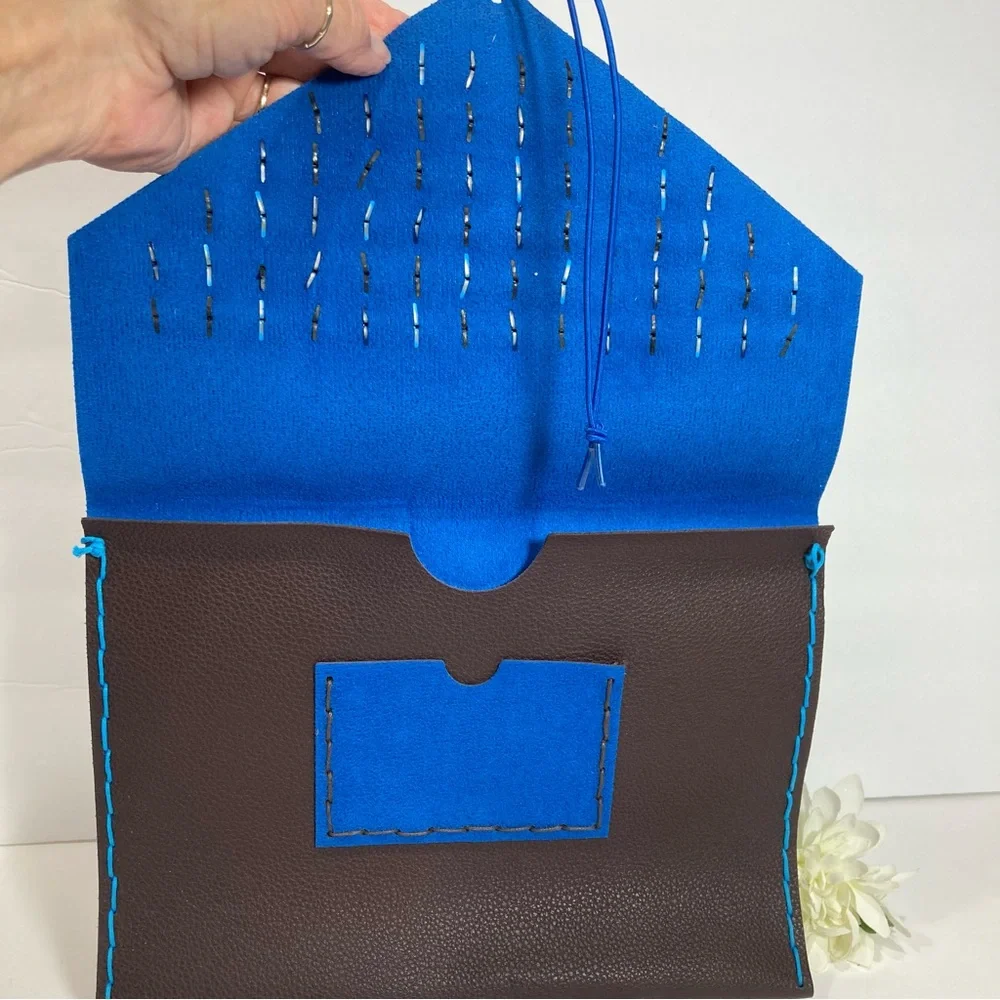 Beaded Funky Faux Leather Document Envelope With Elastic Band Closure NEW